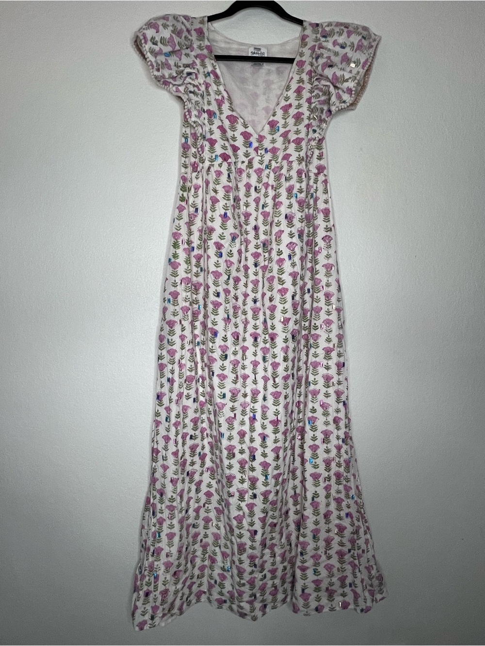 Saylor Block Print Floral Metallic Long Maxi Midi Dress Medium - Picture 3 of 15